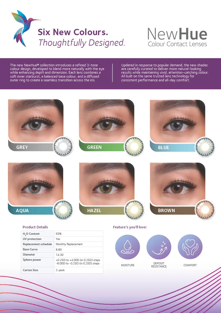 NewHue colour contact lens shades: grey, green, blue, aqua, hazel and brown